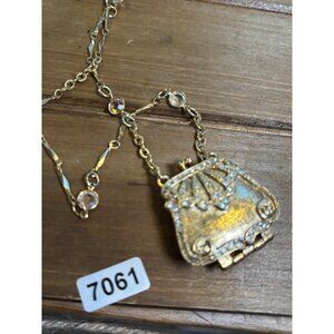 Vintage 1928 Gold Locket Necklace With Purse Pendant & Crystal Accents
